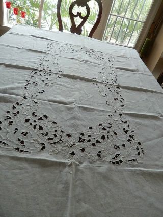 Vintage Linen Ecru Tablecloth Scarf Hand Embroidery & Cut Work 60 " X 84 " Rare
