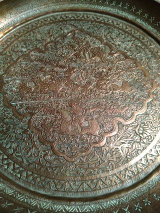 2 Persian Antique Copper 9 " Hunting Engraved Copper & Tin Plates Fine Etching