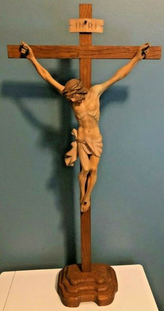 & Glorious Rare Large Vintage Hand Carved Wood Standing Crucifix