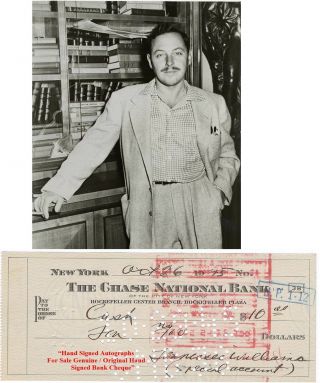 Tennessee Williams Early Hand Signed Cancelled Bank Cheque / Check 1945 Rare