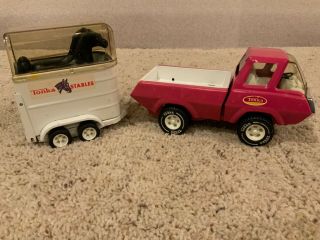 Vintage Rare Early 1970s Tonka Stables Pink Pickup Truck,  Horses & Trailer