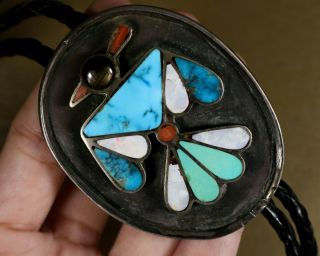 Rare Old Pawn Vintage Zuni Turquoise Thunderbird Multi Inlay Sterling Bolo Tie