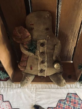 Primitive Raggedy Gingerbread Man Doll Candy Cane Rag Stuffed Worn Torn Loved
