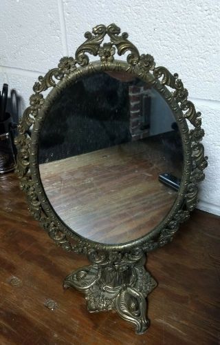 Italian Italy Ornate Brass Vanity Dresser Swivel Tilt Mirror Antique Vintage