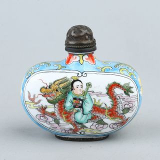 Chinese Exquisite Handmade People Dragon Pattern Copper Enamel Snuff Bottle