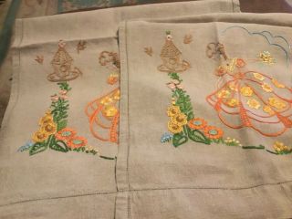 Pair Vintage Hand Embroidered Chair Back Covers Fawn Crinoline Ladies In Garden