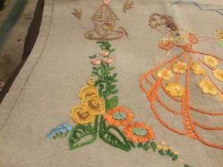 Pair Vintage Hand Embroidered Chair Back Covers Fawn Crinoline ladies in garden 3