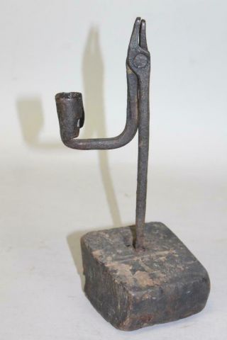 A Rare Early 18th C American Wrought Iron & Wood Rushlight Rush Surface