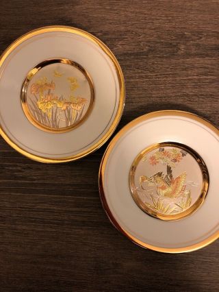 2 X Vintage Japanesse The Art Of Chokin Plates 6” Gold Silver Decoration Birds