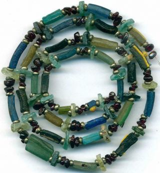 Roman Ancient Blue Glass Beads Encrusted Heishi Baltic Amber Centuries Old 26 "