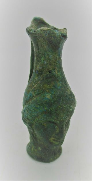 Ancient Roman Bronze Miniature Votive Amphora Vessel With A Face