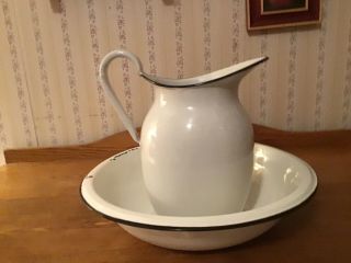 Antique White Enamelware Pitcher And Bowl
