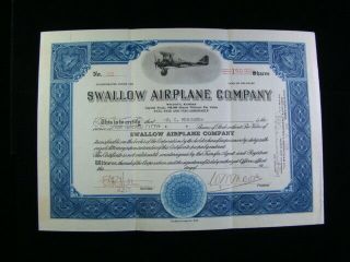 1929 Swallow Airplane Company Wichita Kansas Rare Stock Certificate
