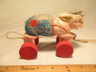 Antique Pull Toy Pig Usa Wooden Painted Primitive Wood Kids Barn Yard Animal Old