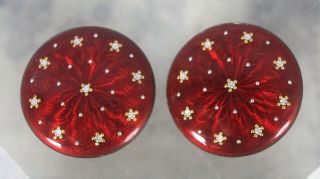 2 Antique French Art Deco Red Guilloche Enamel Sterling Silver Buttons/ Cufflink