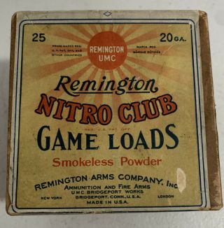 1922 Reg.  Rare 20 Ga Remington Umc Nitro Club Game Loads Shell 2 Piece Box