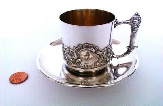 Rare & Solid Silver & Gold Gilt Edwardian Tea Cup & Saucer Circa 1908