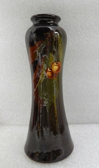 Antique Weller Louwelsa Brownware Cherry Vase W Lamp Base Hole Rare
