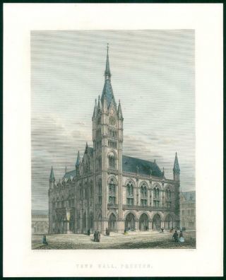 C1870 Antique Print - View Of Town Hall Preston Hand Coloured (wv31)