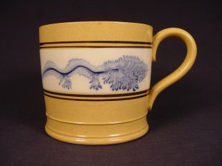 Rare 1800s Blue Seaweed Mocha Mug Mochaware Yellow Ware