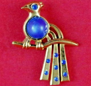 Rare Vtg C1930s Art Deco Blue Jelly Belly Rhinestone Bird Of Paradise Brooch Pin