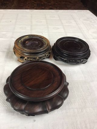 3 Old Chinese Carved Hardwood Circular Raised Stands For Vases Or Lamps 3”rebate
