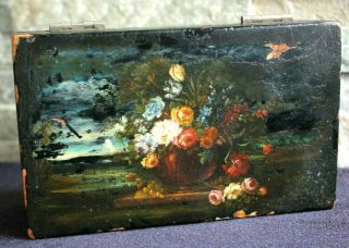 Antique Victorian Folk Art Flowers Vase Russian Hand Painted Lacquer Wooden Box