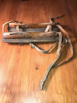 Victorian Antique Vintage Wooden / Metal / Leather Ice Skates Handmade Very Old