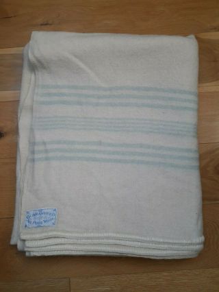 Vintage Wool Single Blanket Cream With Blue Stripe