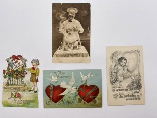 4 Vintage Antique Victorian Color Valentine 