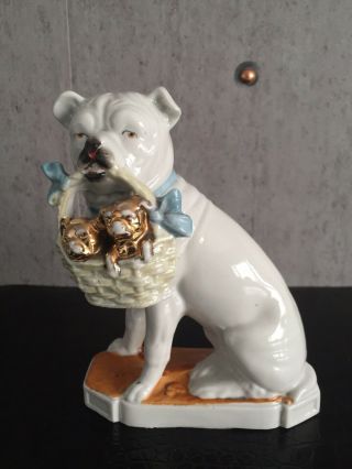 Antique German Dresden Porcelain Figure Of Dog With Pups In Basket