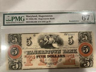 1800s $5 Dollar Hagerstown Bank Note Rare Large Currency Paper Money Pmg 67 Epq