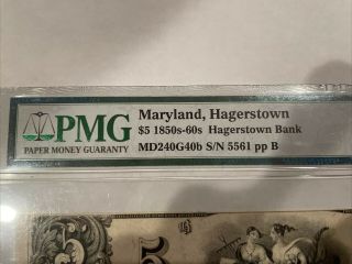 1800s $5 DOLLAR HAGERSTOWN BANK NOTE RARE LARGE CURRENCY PAPER MONEY PMG 67 EPQ 5