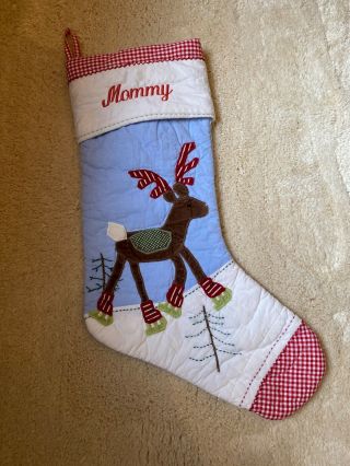 Rare Pottery Barn Kids Blue Quilted Long Leg Reindeer Christmas Stocking Mommy