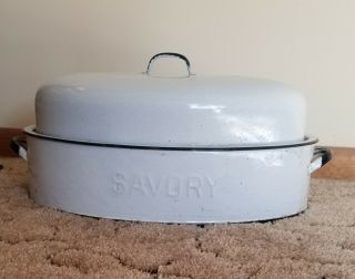 Vintage Savory Enamel Ware Roaster Roasting Pan Rare All White