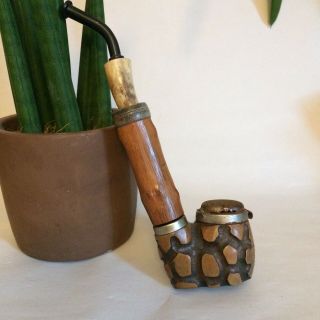 Unusual Antique / Vintage German Pipe Antler Stem Carved Wooded Bowl Wind Guard