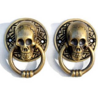 2 Small Skull Head Handle Door Pull Ring Natural Cast Brass Old Style 5 Cm 2 "
