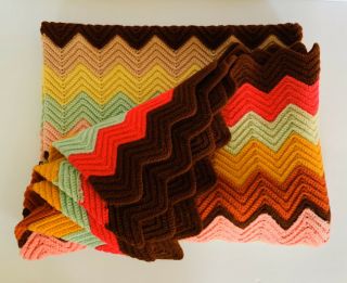 Vintage Afghan Crochet Granny Throw Blanket Chevron Pink Multi Color Scalloped