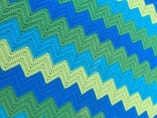 Vtg 90 X 40 Afghan Lap Blanket Crochet Chevron Ripple Retro 70s Blue Green