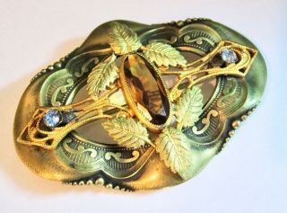 Antique Czech Art Nouveau Bronze Brass Garnet & Aquamarine Glass Sash Pin Brooch