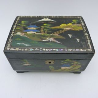 Japanese Black Lacquered Musical Jewellery Box Inlaid With Mother - Of - Pearl
