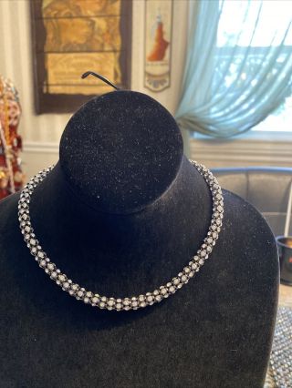 Vintage Anne Klein Steel Gray Metal Necklace With Rolled Rhinestones