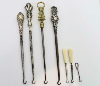 7 X Antique Button Hook 3 Are Sterling Silver Handle Ones With Hallmarks