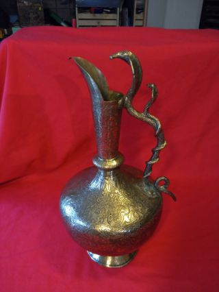 Large Antique Indian / Asian Brass Ewers Jug With Cobra Handles Intricate Scenes