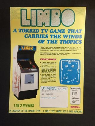Rare Vtg Arcade Machine Flyer – Limbo – Game,  Universal,  Japan,  1978.