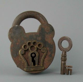 Antique 19th C.  Hand Made Iron & Brass Padlock Stepped Bit Key 3 3/4 "