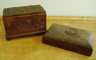 Two Old Antique Wooden Carved Boxes Anglo - Indian Kashmiri & Arts &crafts Oak Box