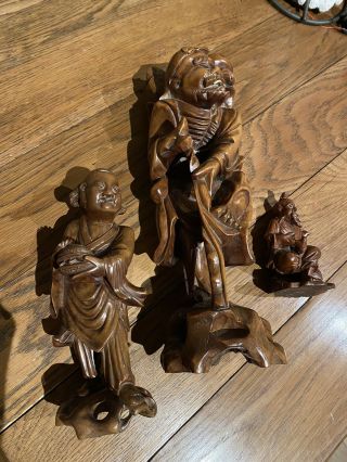 3 X Vintage Wooden Hand Carved Chinese Oriental Figures