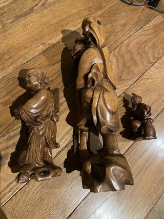 3 X Vintage Wooden Hand Carved Chinese Oriental Figures 2
