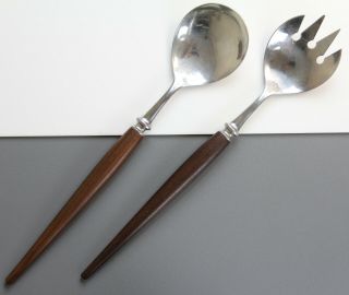 Vintage Norway Salad Set Fork Spoon Stainless Steel Teak Wood Mid Century Modern